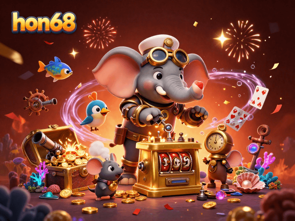 Experience the excitement of hon68 with a steampunk elephant engineer at a golden slot machine, amidst vibrant casino-themed elements.