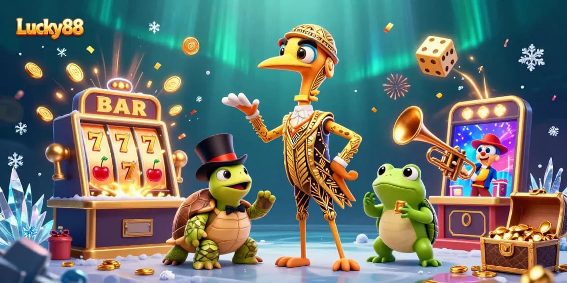 Engage in Lucky88 excitement with a vibrant casino scene featuring jackpot elements and animated characters.