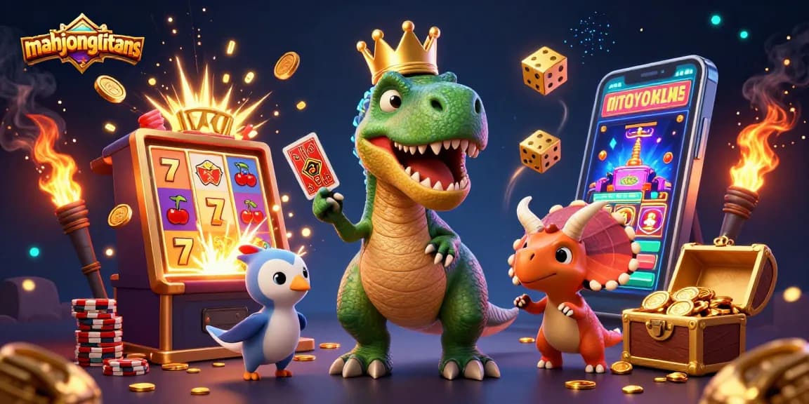 Experience mahjongtitans with a fun illustration of a playful T-Rex, Triceratops, and Pterodactyl in a vibrant casino.