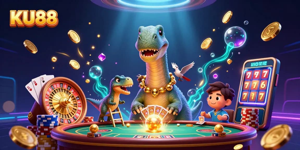 Experience the vibrant action of KU88 as a whimsical brontosaurus watches a raptor deal cards amidst cascading gold coins.