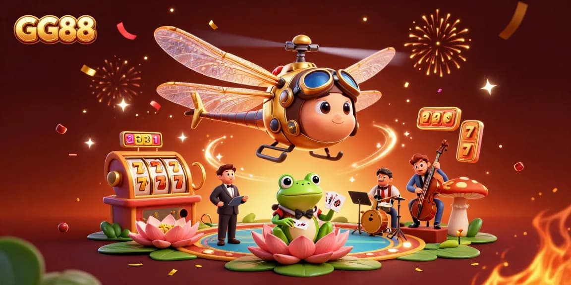 Experience GG88's vibrant casino atmosphere with a playful dragonfly pilot and frog croupier amidst slot reels and golden confetti.