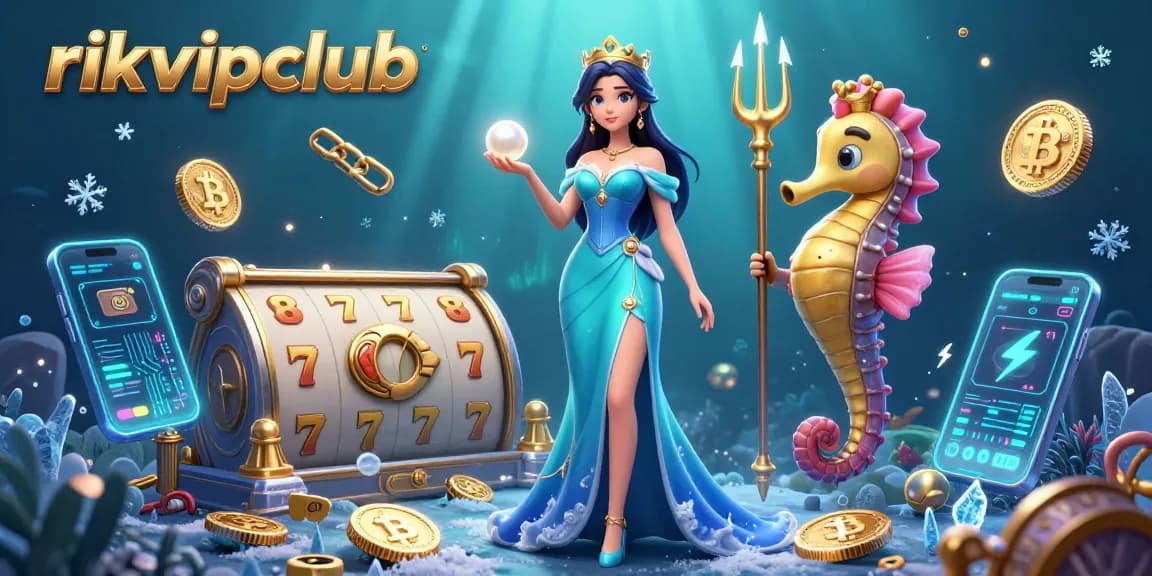Engage with rikvipclub in a vibrant casino scene featuring slot game elements and treasures.