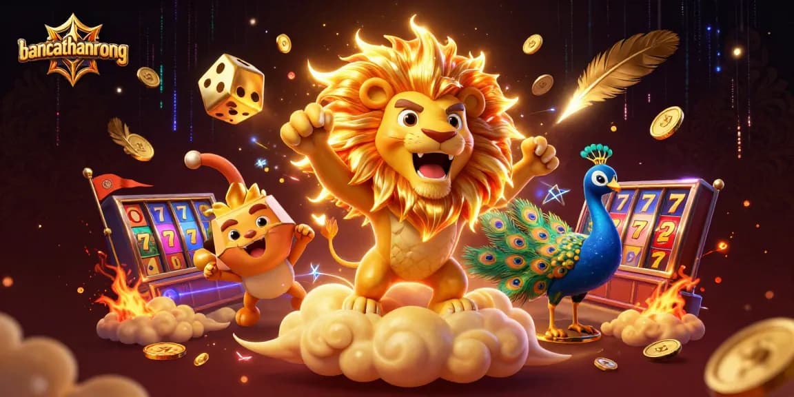 Engage in thrilling casino action with bancathanrong featuring a roaring lion and golden dice elements.
