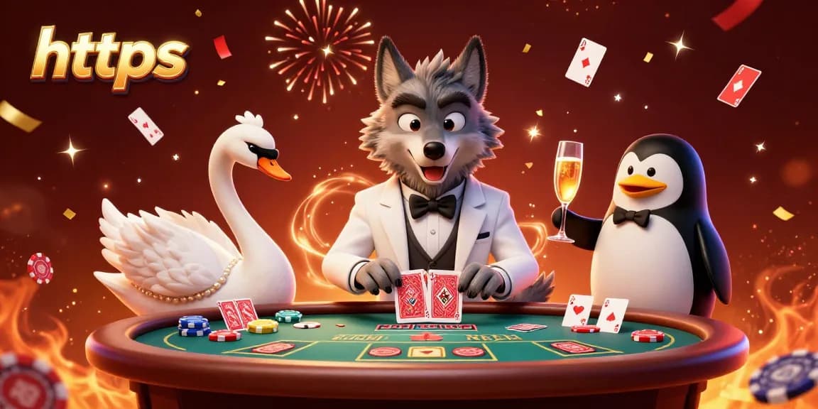 Experience thrilling online gaming at https with a debonair wolf, elegant swan, and sophisticated penguin in a lively casino scene.