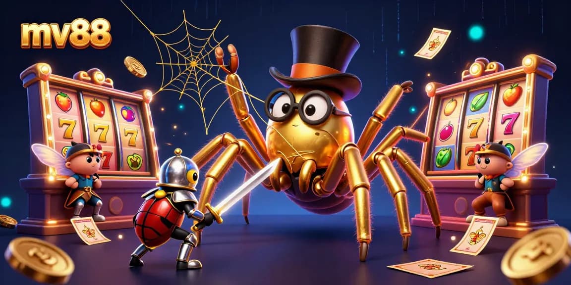Engage with mv88 as a golden tarantula weaves a jackpot web amidst a vibrant casino scene.
