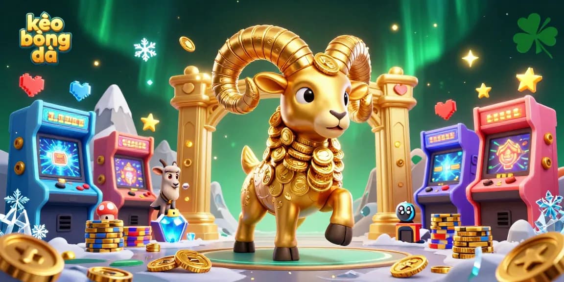 Engage with kèo bóng đá through exciting golden ram characters charging into a dynamic gaming scene.