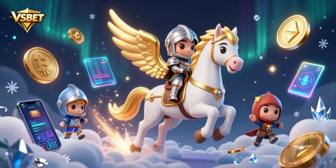 Win big at VSBET with an exciting 3D illustration featuring a celestial horse and knight amidst vibrant gambling elements.
