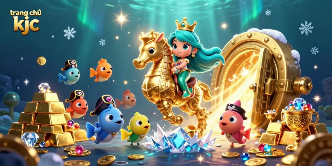 Engage in thrilling gameplay at trang chủ kjc with energetic 3D illustration featuring a mermaid and seahorse in a treasure trove.