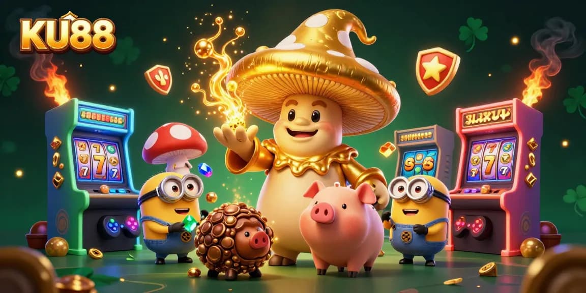 Spin and win at KU88 with a magical wizard, pig, and gems in vibrant 3D casino art.