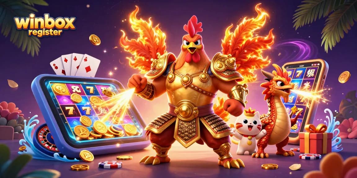 Engage with winbox register featuring vibrant characters and dynamic casino elements in a lively scene.