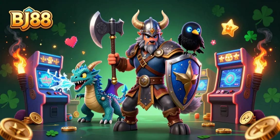 Experience the thrill of BJ88 Casino with a dynamic gaming scene featuring warriors and gaming elements.