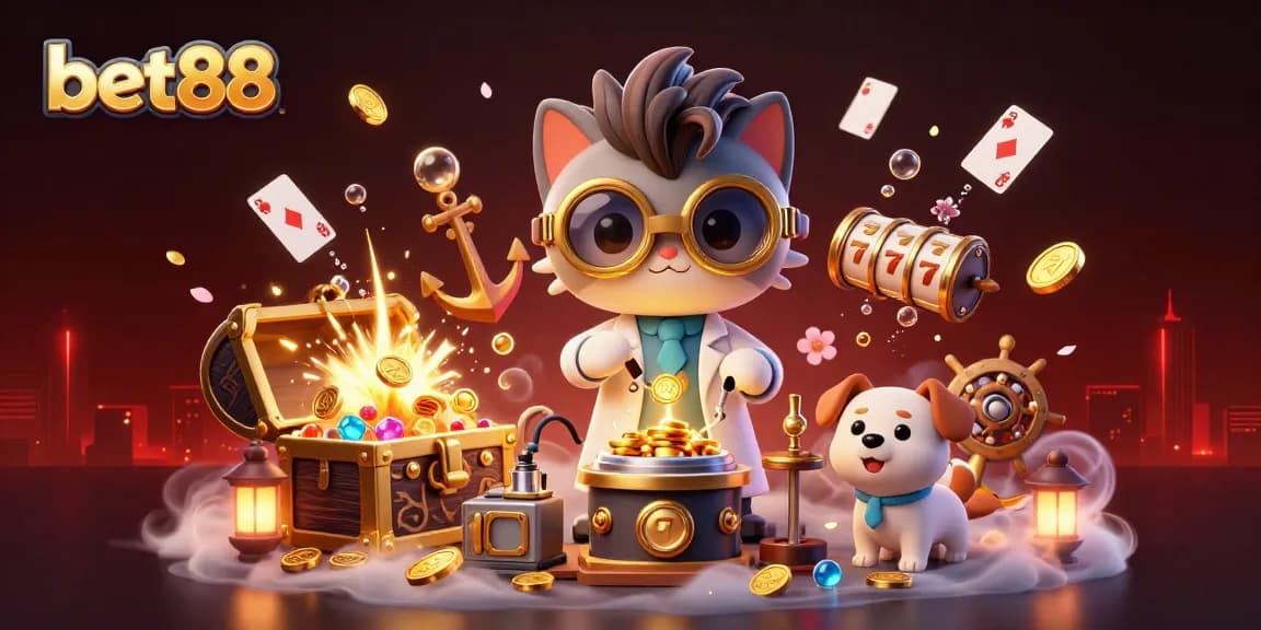 Experience the excitement of bet88 with animated scenes of a mad scientist creating a gold-coin-replication machine.