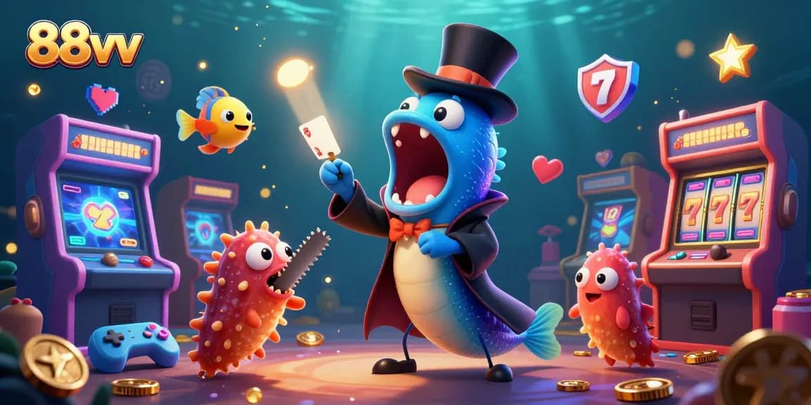 Experience the excitement of 88vv with a dazzling 3D illustration of underwater casino characters performing playful tricks.