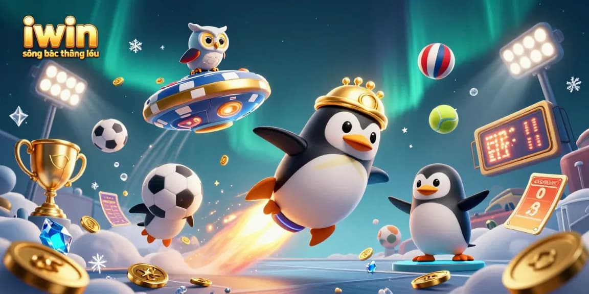Experience the excitement at iwin sòng bạc thượng lưu with an action-packed golden penguin and sports-themed casino atmosphere.