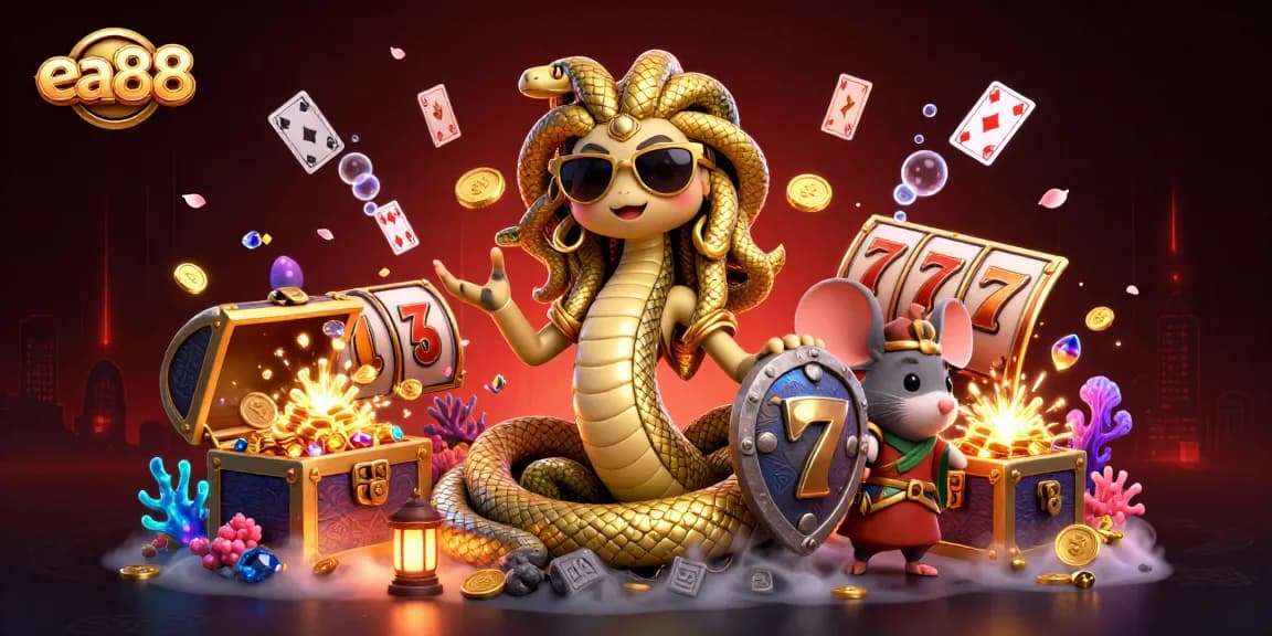 Experience the excitement of ea88 with a vibrant 3D scene featuring Medusa, a warrior mouse, and thrilling casino elements.
