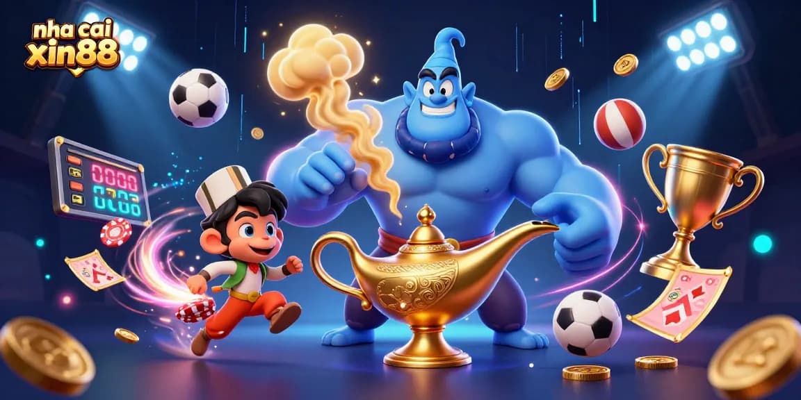 Experience the excitement at nha cai xin88 with a dazzling illustration of sports betting and casino elements.