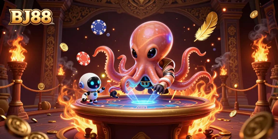 Experience thrilling gaming at BJ88 with a vibrant alien octopus managing a holographic poker table.