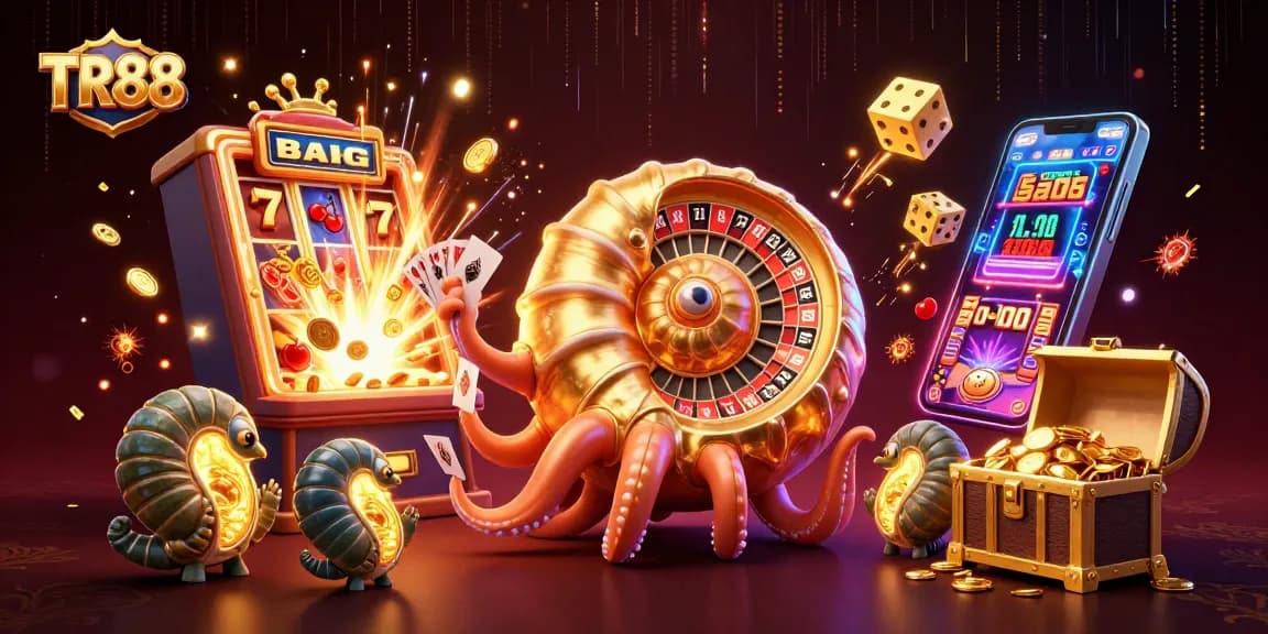 Win big at TR88 with vibrant casino games and exciting jackpots in this lively illustration.