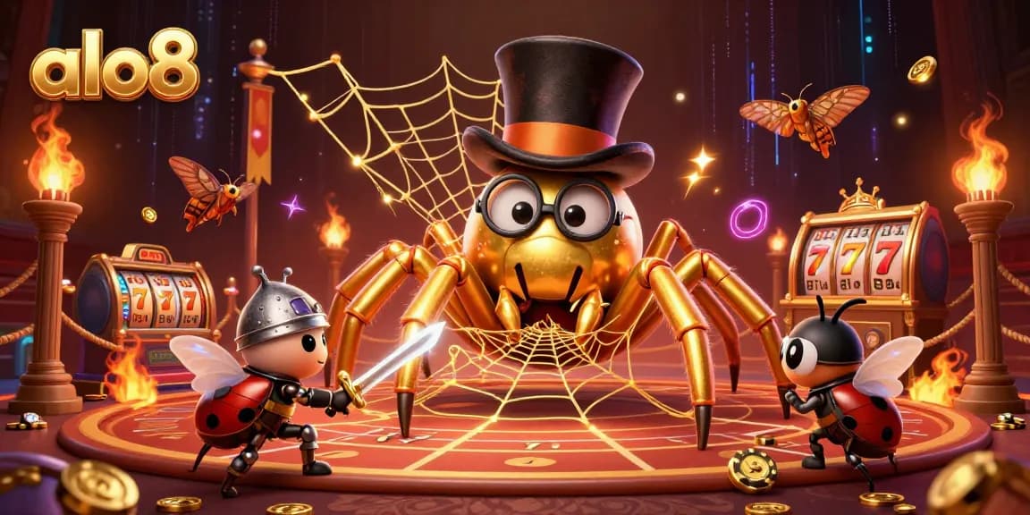 Experience a thrilling casino adventure with alo8, featuring a golden tarantula and courageous beetle knight in a vibrant gaming environment.