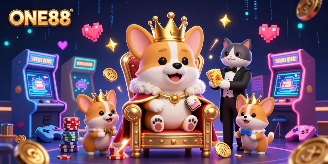 Play exciting games at ONE88, featuring a royal corgi in a vibrant casino setting.