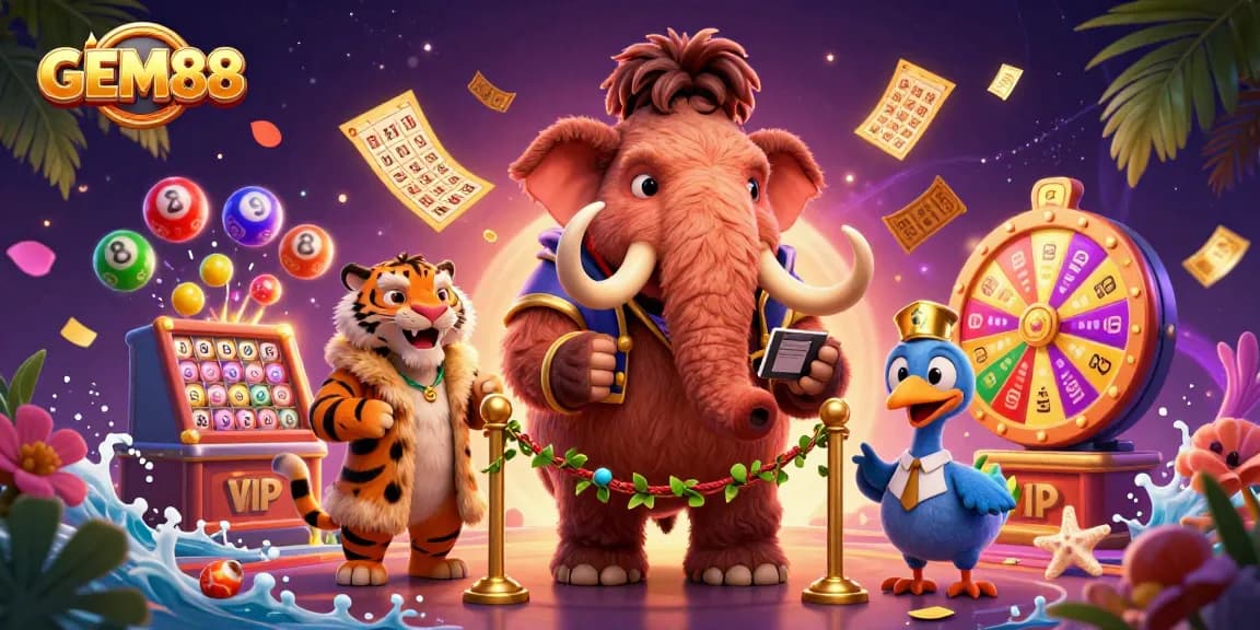 Experience GEM88's vibrant casino atmosphere with a woolly mammoth bouncer, saber-tooth tiger VIP, and dodo bird doorman amidst gaming excitement.