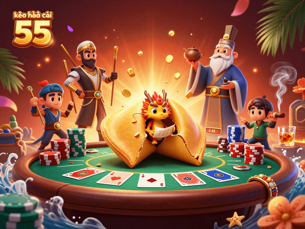 Engage with kèo nhà cái 55 through a vibrant casino scene featuring fortune elements and poker dynamics.