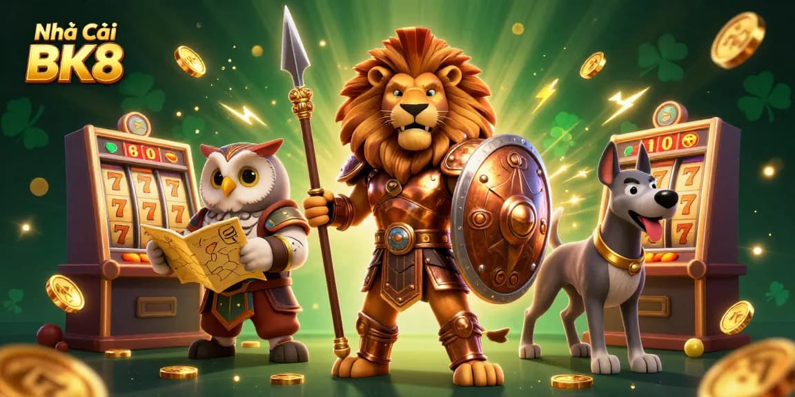 Experience thrilling slots at Nhà Cái BK8 with an engaging 3D illustration of gaming excitement.