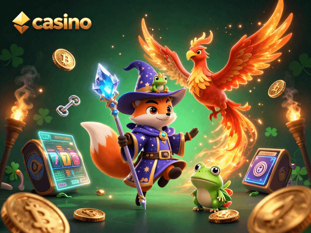 Experience thrilling casino gameplay with our magical fox wizard, phoenix, and enchanted frog illustration.