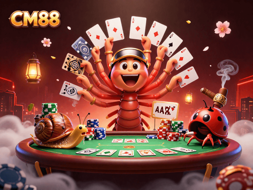 Engage with CM88's thrilling table games, featuring a dynamic dealer and a high-rolling snail in a lively scene.