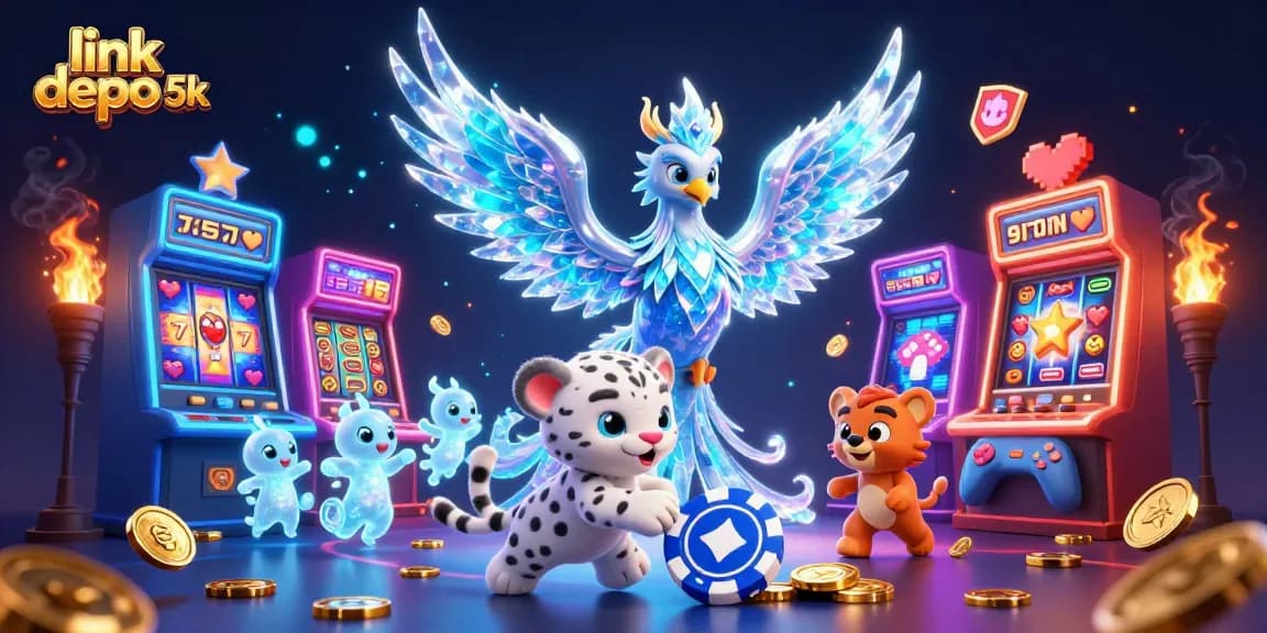 Play and win big at link depo 5k with this captivating casino-themed illustration featuring fun slot game elements.