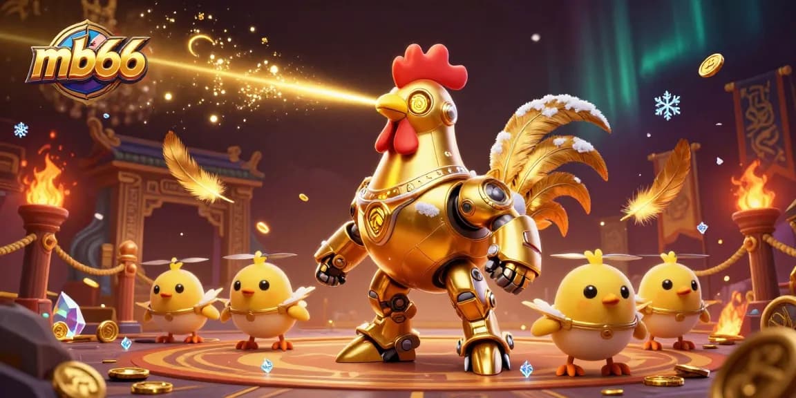Engage with mb66 in this vibrant casino scene showcasing a futuristic golden rooster robot and baby chick drones.