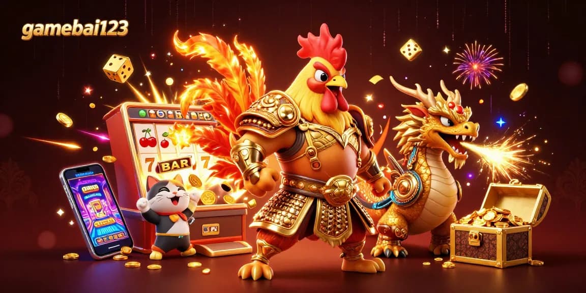 Engage in thrilling gameplay at gamebai123 with a dynamic illustration featuring gaming warriors and vibrant casino elements.