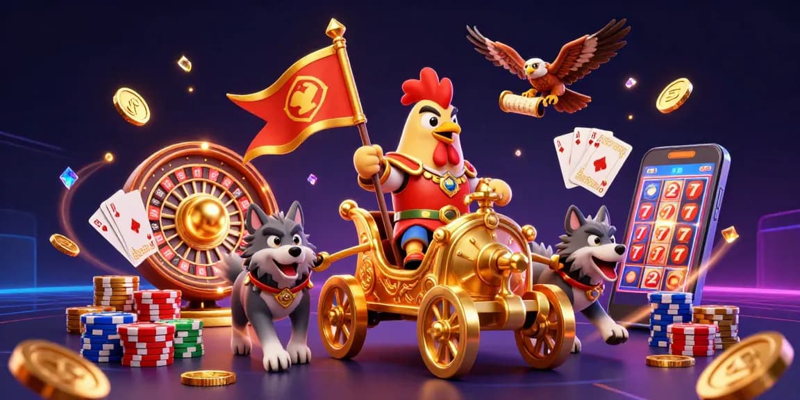 Engaging da88 casino scene with a rooster warlord and golden chariot, surrounded by vibrant gambling elements.