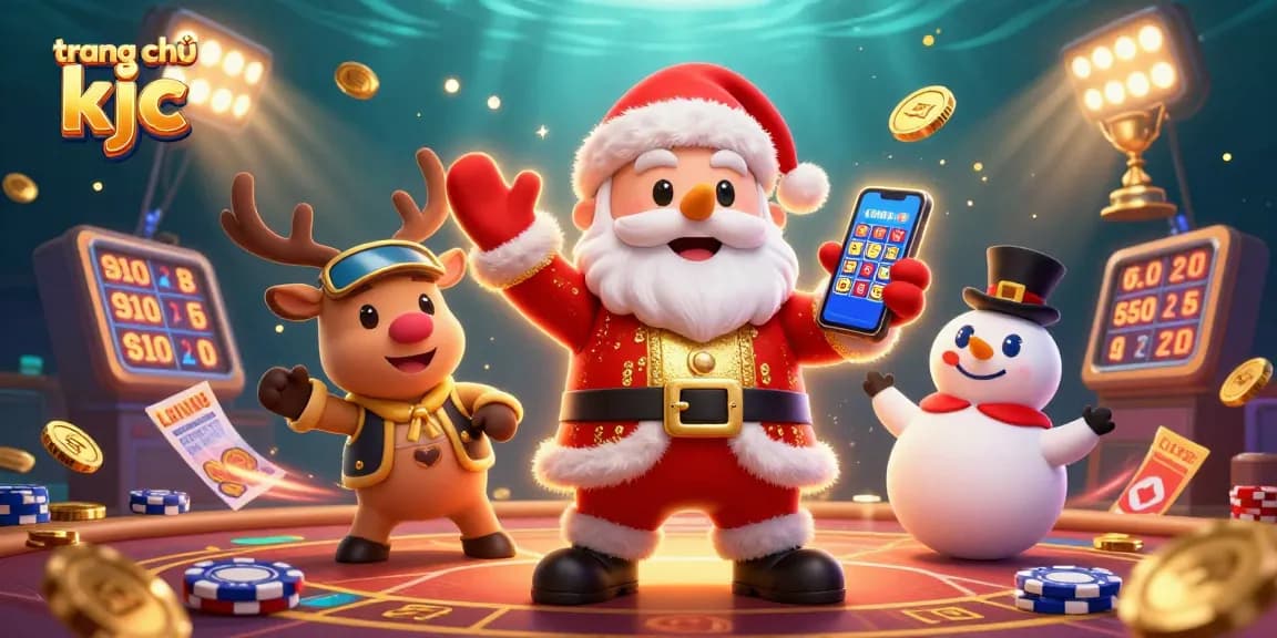 Experience the excitement of trang chủ kjc with a vibrant casino illustration featuring Santa and friends.