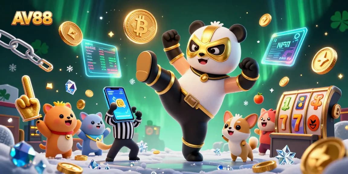 AV88 engaging in epic casino action with a flying panda wrestler amidst colorful slots and crypto coins.