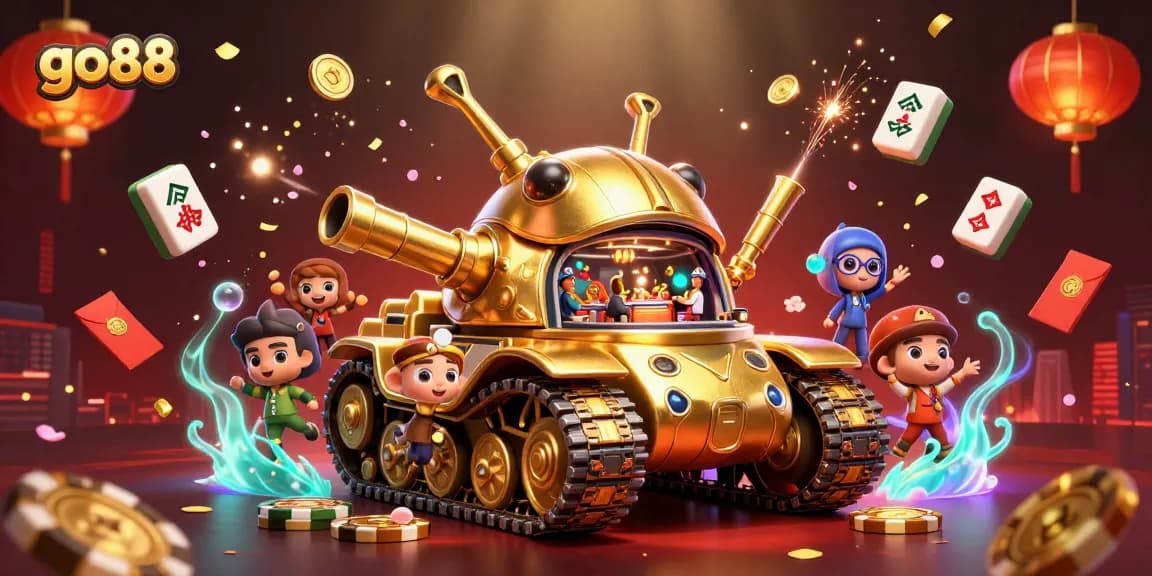 Engage in go88's lively casino atmosphere with a golden beetle tank revealing gaming fun inside.