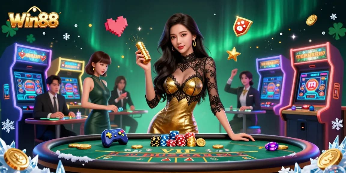 Win88 casino illustration showcasing an elegant Asian woman at a VIP baccarat table with glowing arcade elements.