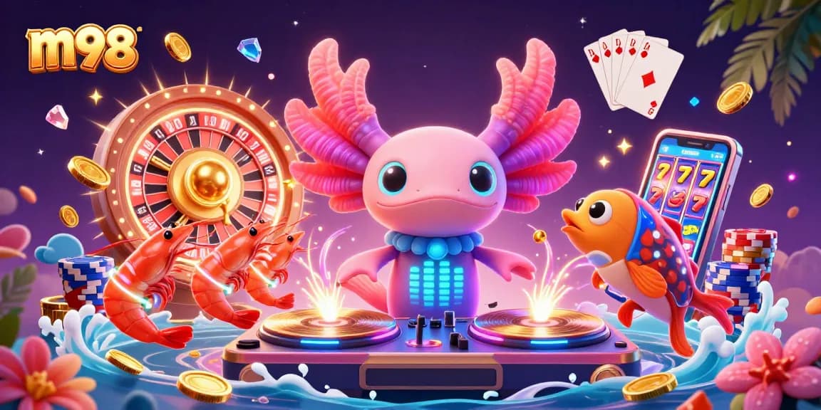 Experience m98's exciting games with a vibrant 3D illustration of a neon-colored DJ and lively casino elements.