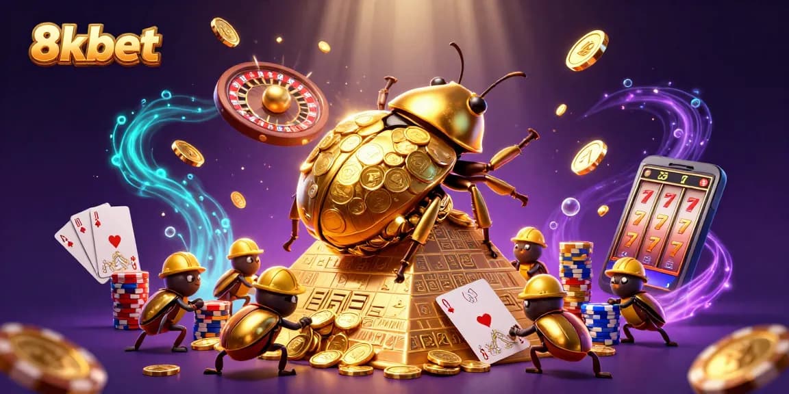 Experience the excitement of 8xbet with a golden beetle rolling coins, surrounded by casino elements in a dynamic scene.