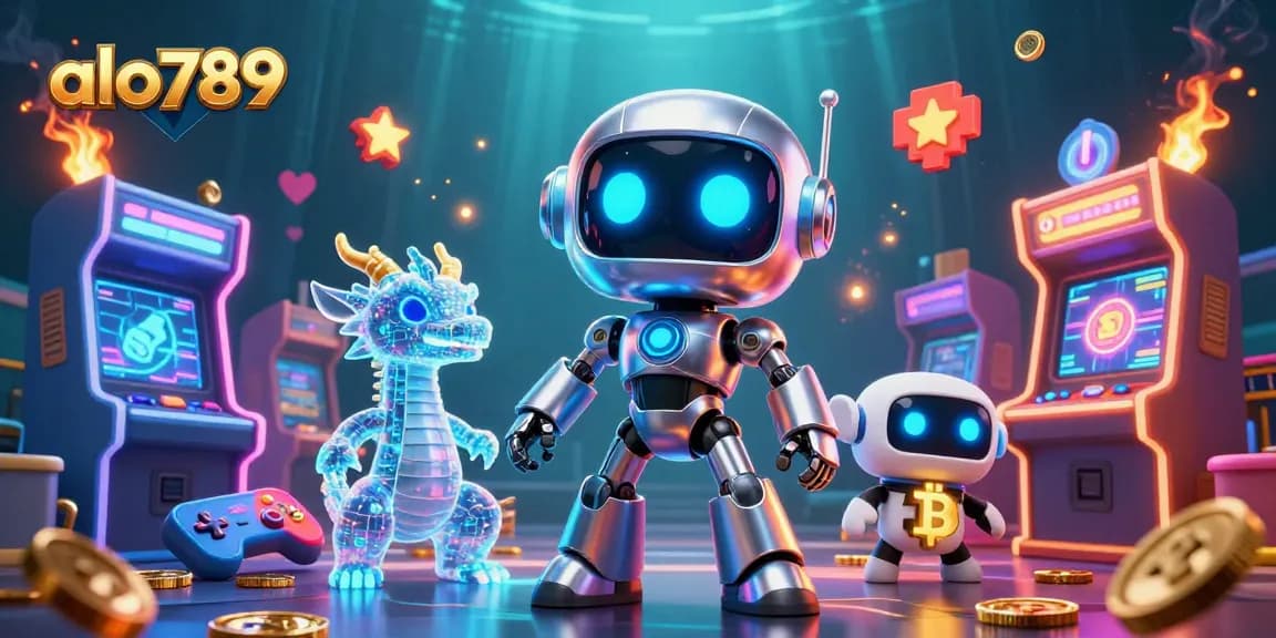 Play exciting games at alo789 casino featuring a dynamic scene with gaming elements, robots, and neon lights