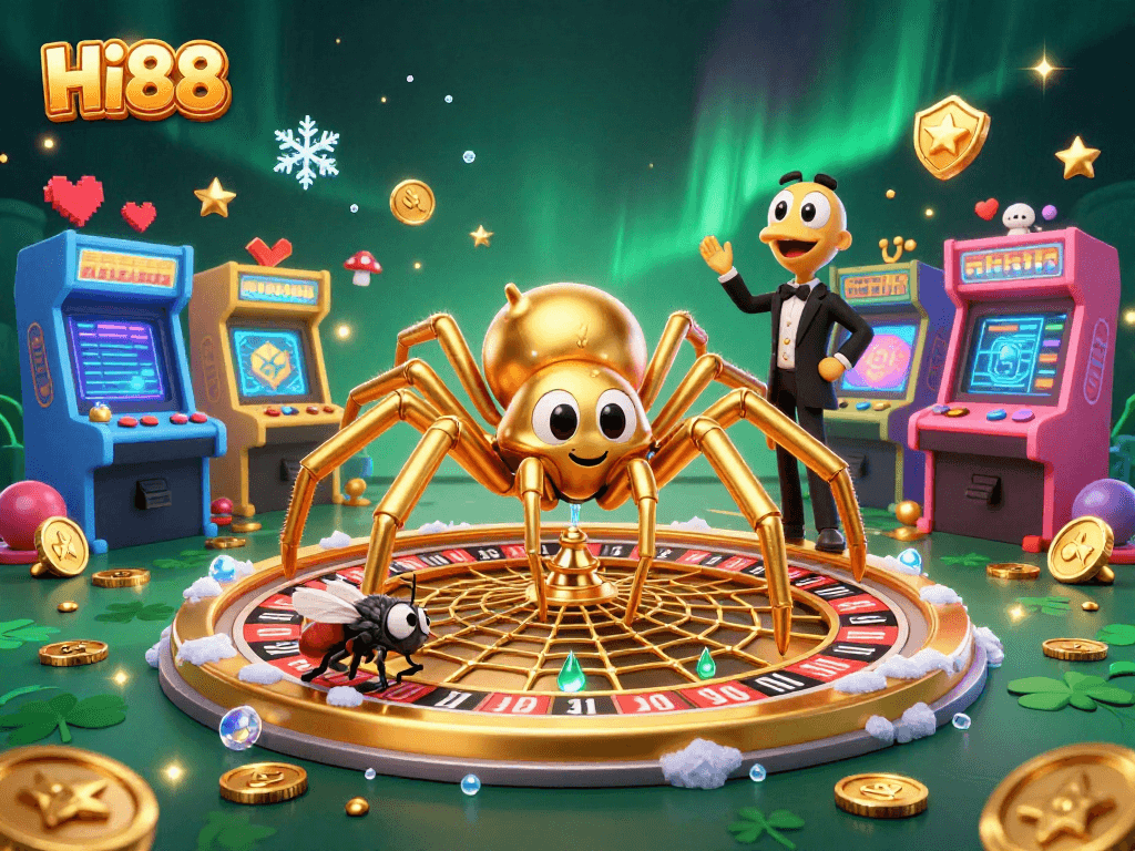 Bet on fun at Hi88 featuring a golden spider and centipede dealer in a colorful casino scene.
