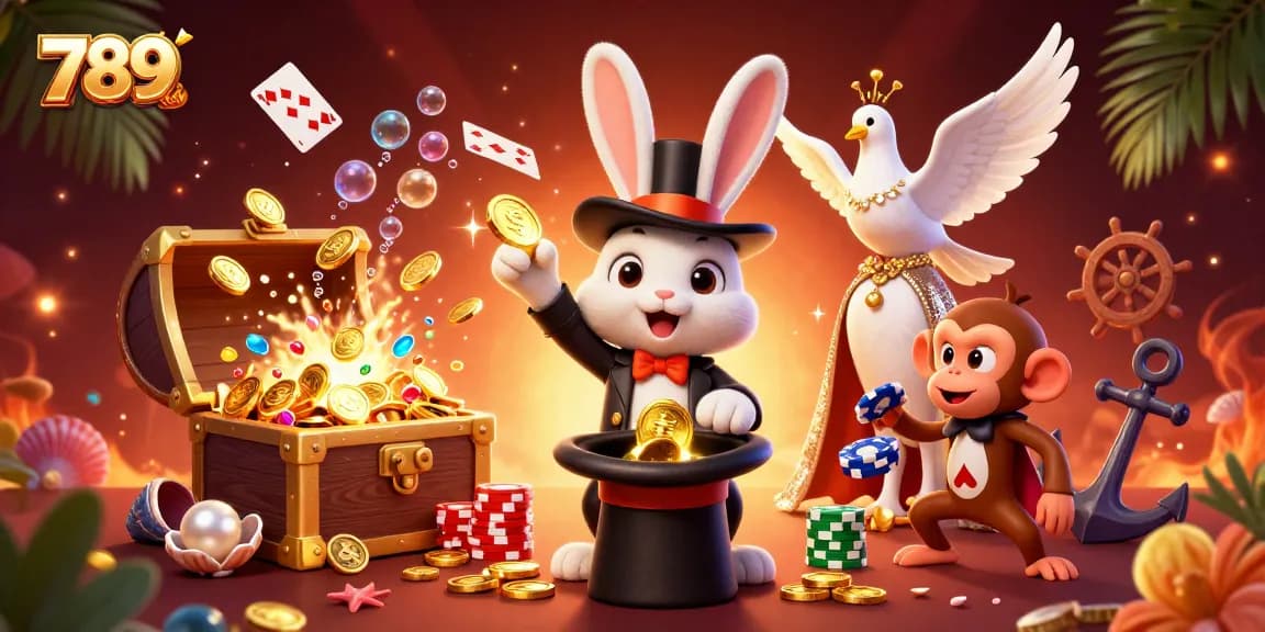 Experience the thrilling magic of 789club with exciting casino games and vibrant characters in a dynamic scene.