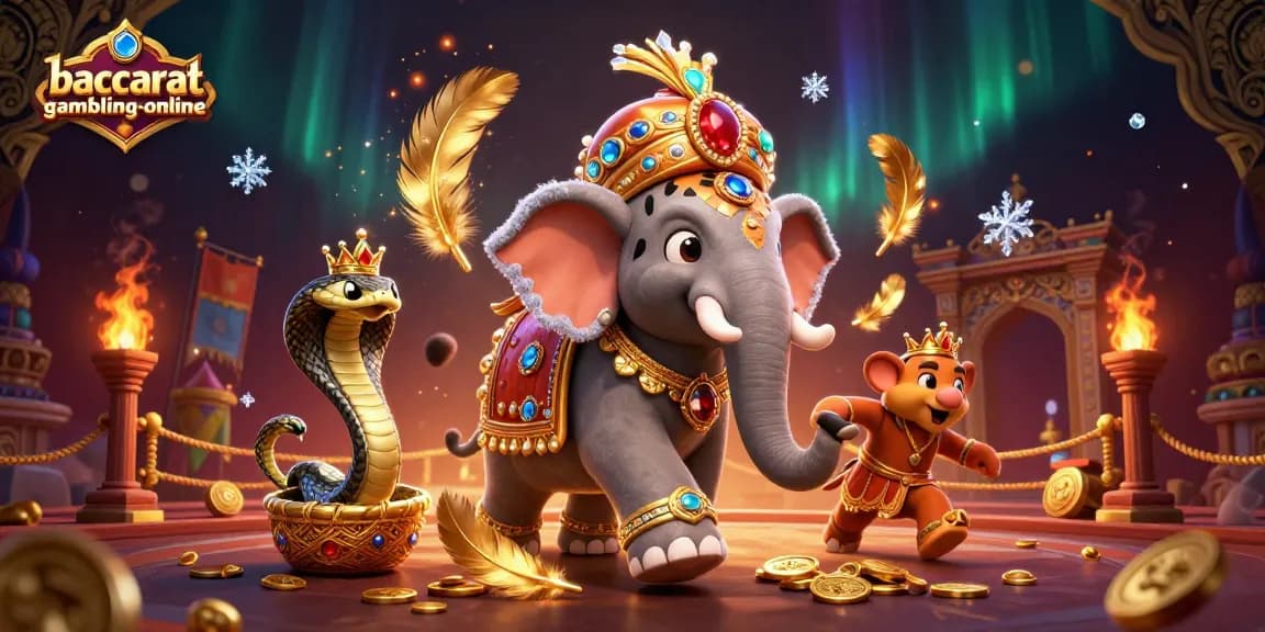 Engage in Baccarat gameplay at baccarat-gambling-online with energetic tiger and elephant scene.