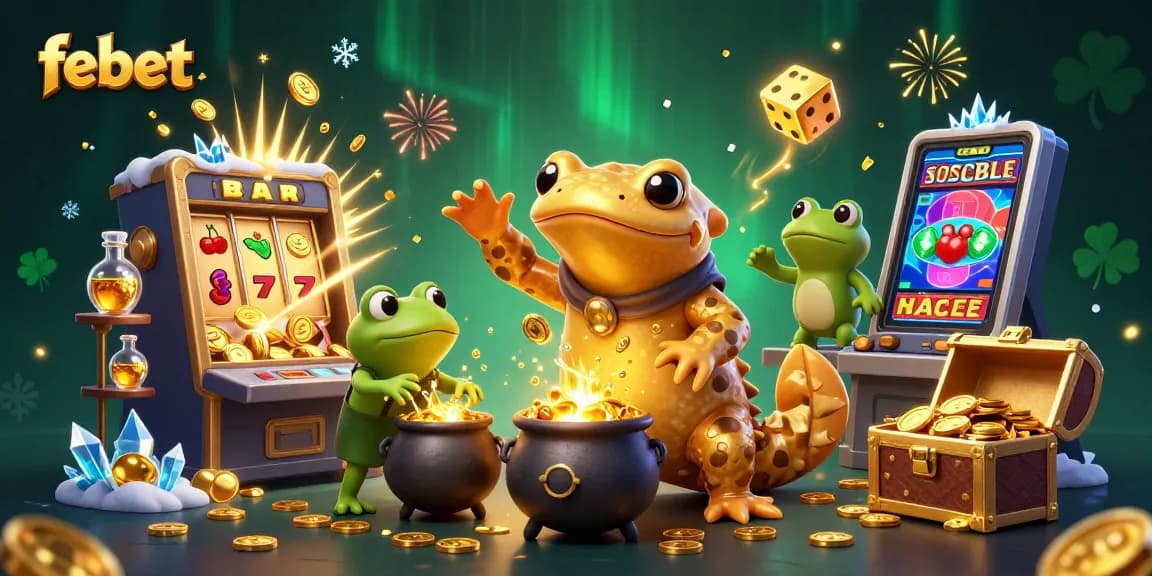 Experience the excitement of febet with a dazzling 3D illustration of a golden alchemist and slot machines.