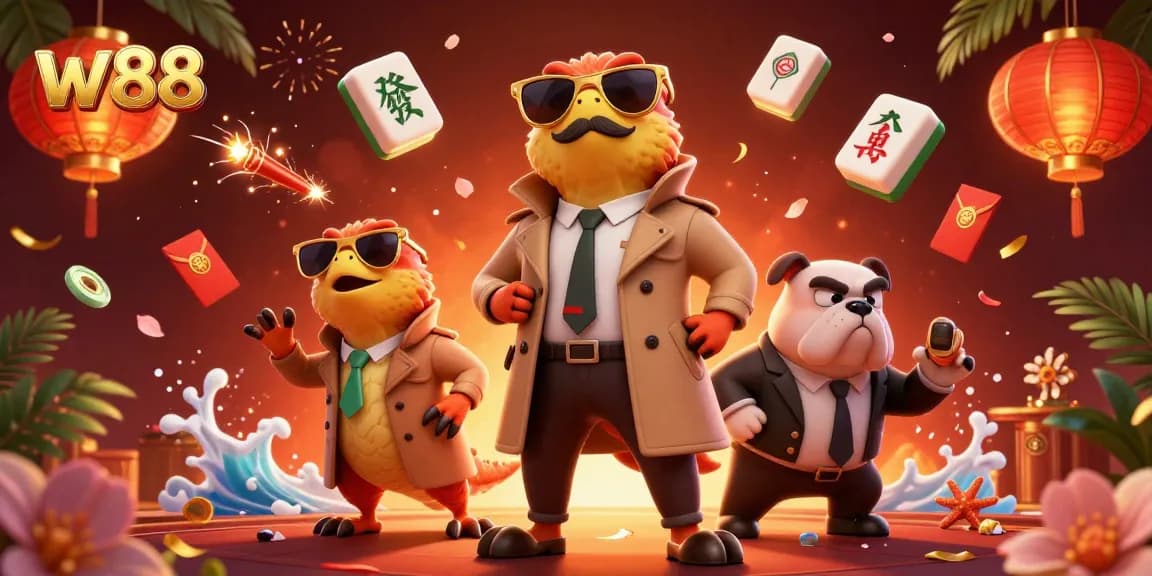 Play w88 and enjoy a fun-filled session with vibrant casino elements in a dynamic illustration.