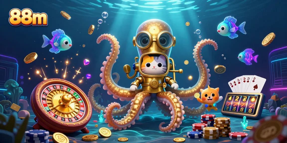 Experience the excitement of 88m games with a colorful kraken, diving cat, and slots in a vibrant underwater scene.