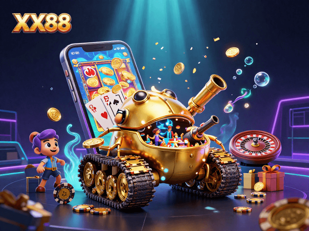 Experience the thrill of XX88 with a vibrant casino tank illustration featuring games, gold coins, and action.
