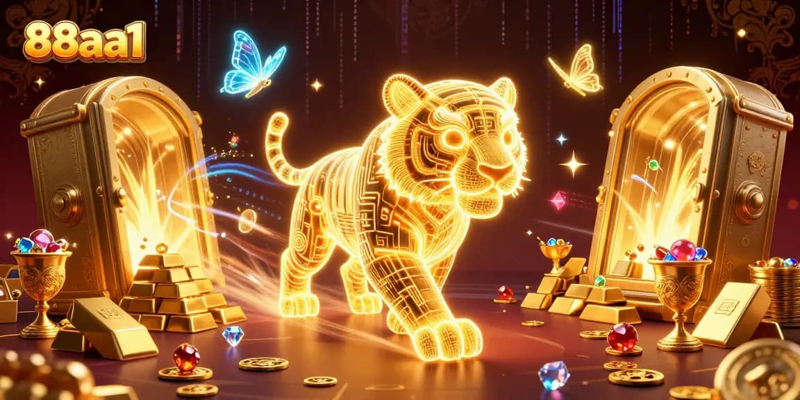 Experience thrilling gaming adventures at 88aa1 with vibrant visuals of golden tiger and treasure.