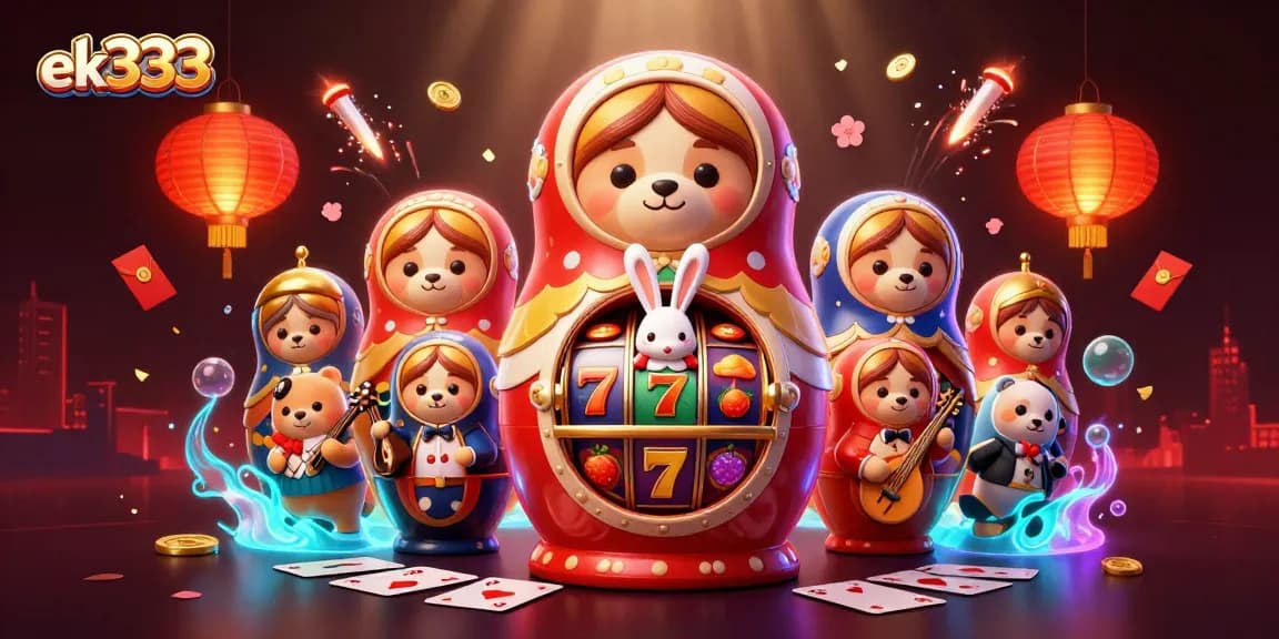 Play exciting casino games with ek333 in this vibrant illustration featuring bears and festive elements.