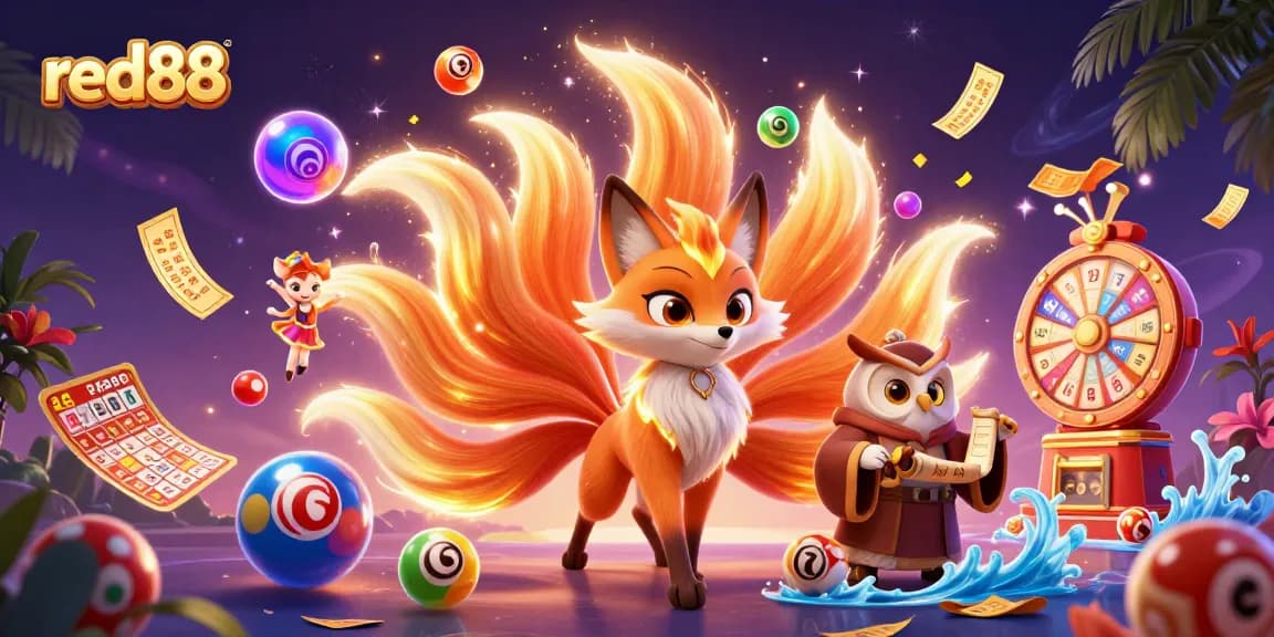 Experience thrilling moments with red88 and vibrant lottery elements in this colorful casino illustration.
